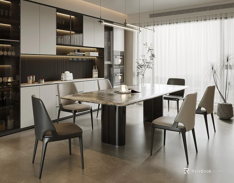 Modern Dining Room With Marble Table Gray Chairs Wine Cabinet Pendant Lights And Plants 3d model 