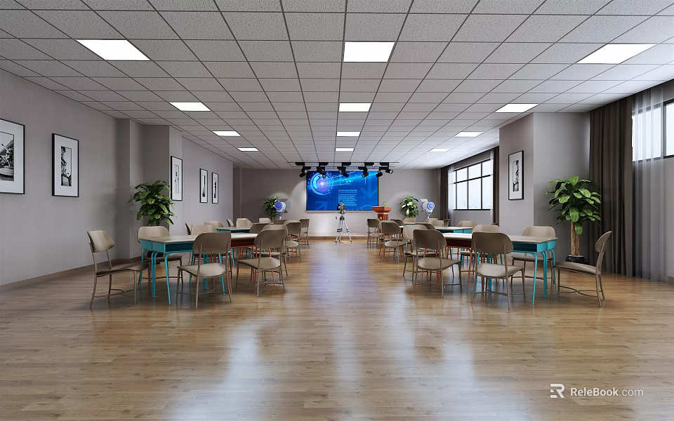 Spacious Meeting Room With Ceiling Lights Gray Walls Framed Paintings Green Plants And Large Screen 3d model 