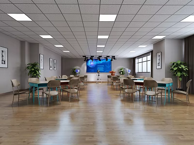 Spacious Meeting Room With Ceiling Lights Gray Walls Framed Paintings Green Plants And Large Screen 3d model