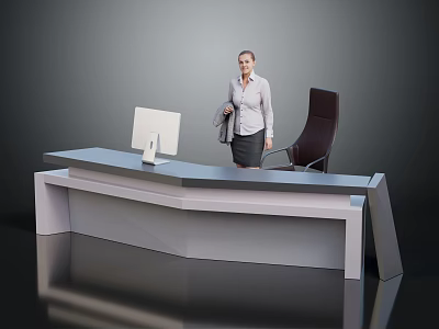 Modern Office Desk With Curved Design Ergonomic Chair And Computer Monitor Workspace Setup 3d model