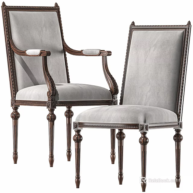 Classical Dining Chairs with Carved Wooden Frame and Light Upholstered Seats for Elegant Dining Room 3d model 