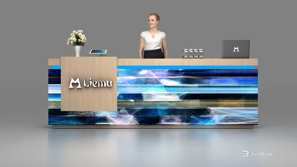 Modern Lienu Reception Desk With Colorful Striped Design Flower Vase Tablet Laptop And Receptionist 3d model 