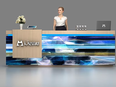 Modern Lienu Reception Desk With Colorful Striped Design Flower Vase Tablet Laptop And Receptionist 3d model