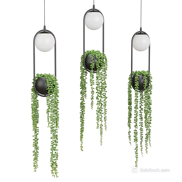Modern Ceiling Light With White Spherical Shade Black Planter And Trailing Green Plants 3d model 