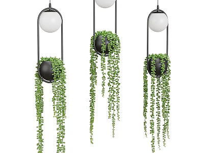 Modern Ceiling Light With White Spherical Shade Black Planter And Trailing Green Plants 3d model
