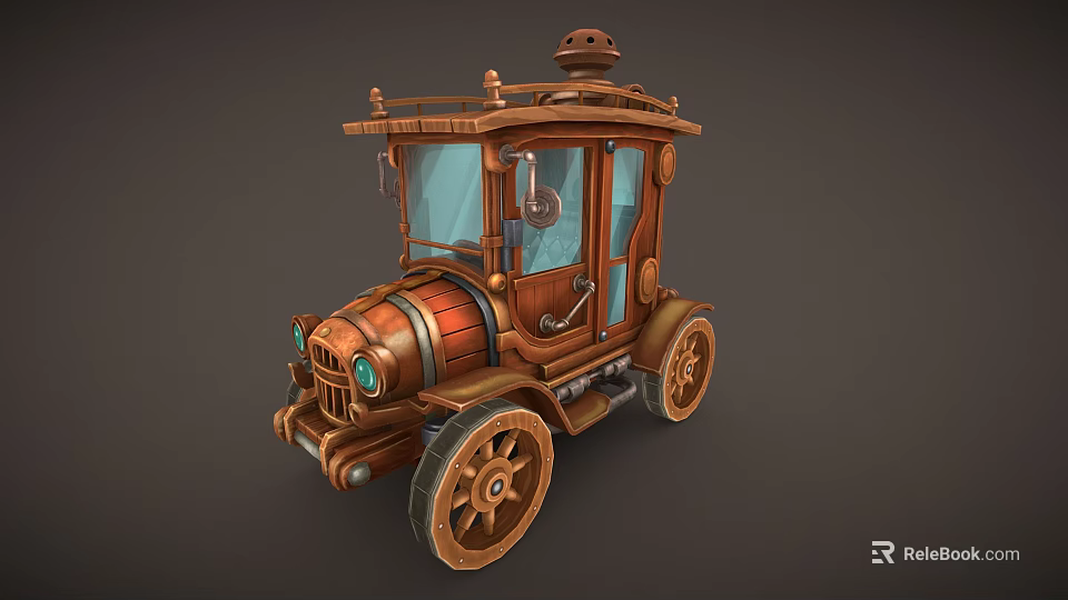 Vintage Steampunk Car Design With Wooden Metallic Body Geared Wheels Chimney And Glass Windows 3d model 