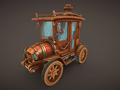 Vintage Steampunk Car Design With Wooden Metallic Body Geared Wheels Chimney And Glass Windows 3d model