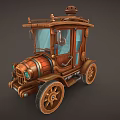 Vintage Steampunk Car Design With Wooden Metallic Body Geared Wheels Chimney And Glass Windows