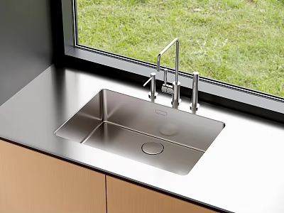 Stainless Steel Kitchen Sink On Countertop By Window With Green Grass View 3d model