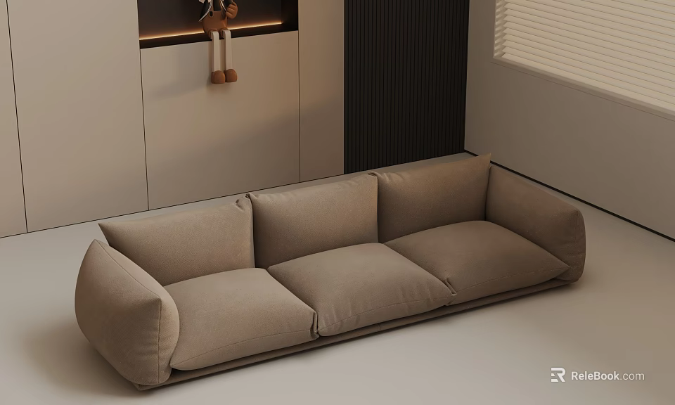 Modern Beige Three Seater Sofa In Minimalist Living Room Interior With Soft Upholstery 3d model 