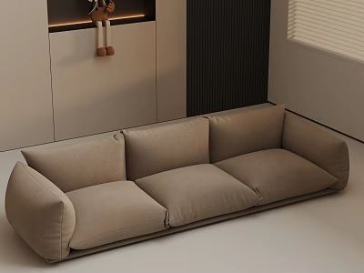 Modern Beige Three Seater Sofa In Minimalist Living Room Interior With Soft Upholstery 3d model