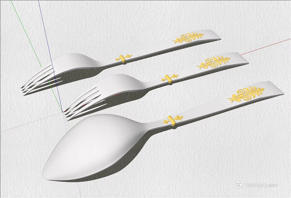 Elegant White Cutlery Set with Gold Floral Patterns on Handles 3d model 