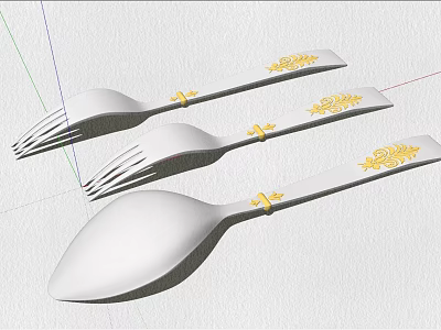 Elegant White Cutlery Set with Gold Floral Patterns on Handles 3d model