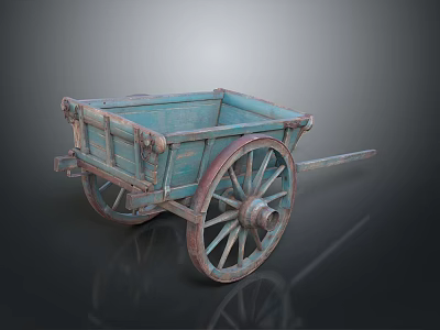 Old Vintage Blue Wooden Cart With Weathered Wood And Large Wheels 3d model