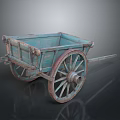 Old Vintage Blue Wooden Cart With Weathered Wood And Large Wheels
