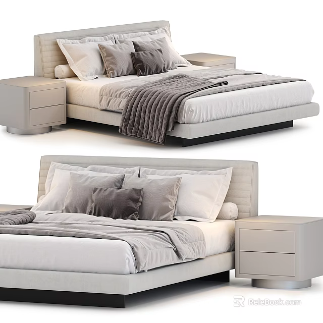 Modern Upholstered Double Bed With Gray White Bedding Pillows And Drawer Nightstands 3d model 