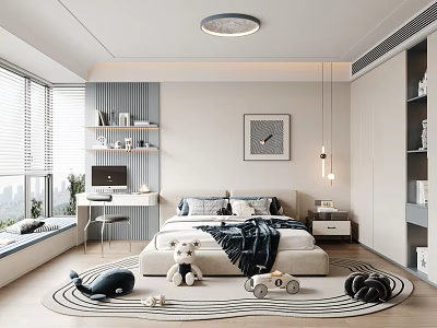 Kids Room Interior Design With Bed Stuffed Toys Toy Cars And Bookshelves 3d model
