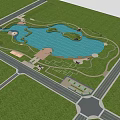 Tranquil Waterfront Landscape With Lake Islands Greenery Roads Parking Lots And Swans