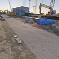 Construction Site Scene With Cranes Excavator Blue Temporary Building And Materials 3d model