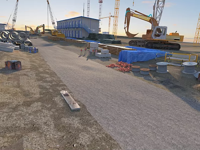 Construction Site Scene With Cranes Excavator Blue Temporary Building And Materials 3d model
