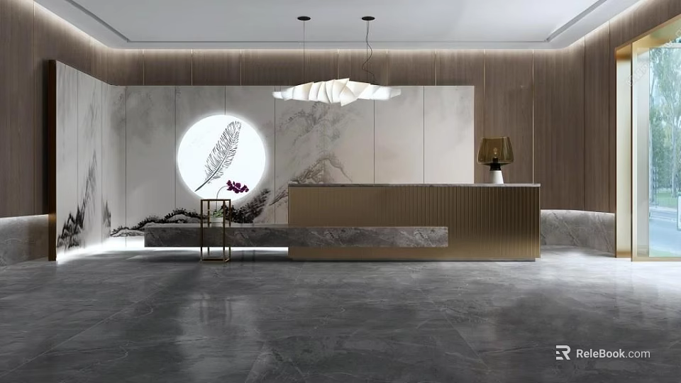 Modern Reception Desk With Gold Frame Marble Countertop Wooden Backdrop And Circular Feather Art 3d model 