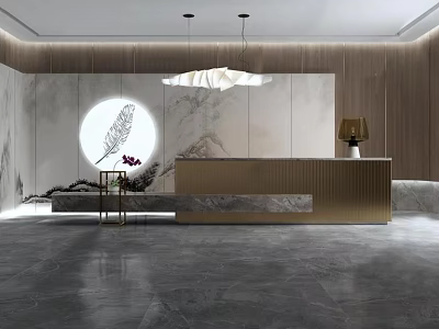 Modern Reception Desk With Gold Frame Marble Countertop Wooden Backdrop And Circular Feather Art 3d model