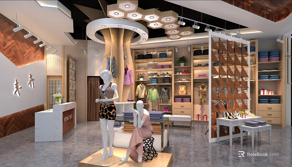 Stylish Clothing Store Interior With Mannequins Clothing Displays Shelves And Ceiling Lights 3d model 
