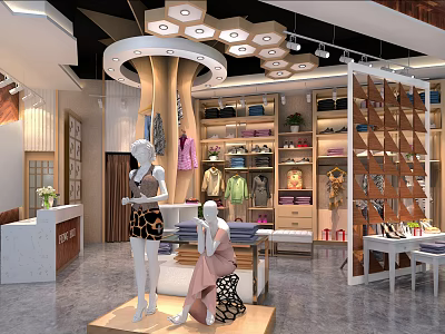 Stylish Clothing Store Interior With Mannequins Clothing Displays Shelves And Ceiling Lights 3d model