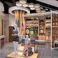 Stylish Clothing Store Interior With Mannequins Clothing Displays Shelves And Ceiling Lights