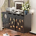 Black Sideboard With Golden Animal Designs Coffee Machine Vase Flowers And Floor Lamp