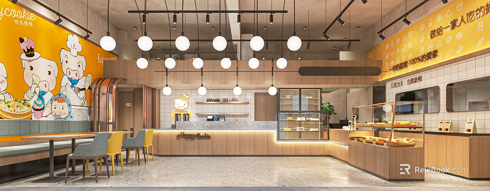 Modern Dessert Shop Interior With Wooden Counter Display Cases And Pendant Lights 3d model 