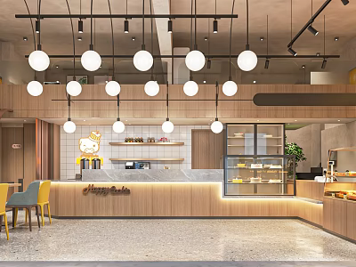 Modern Dessert Shop Interior With Wooden Counter Display Cases And Pendant Lights 3d model