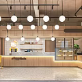 Modern Dessert Shop Interior With Wooden Counter Display Cases And Pendant Lights