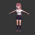 Anime Style 3D Character Model With Red Hair Blue Eyes White Shirt Dark Blue Skirt