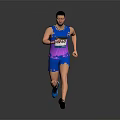 Male Runner in Blue and Pink Sportswear Running on Gray Background