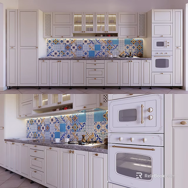 Stylish White Kitchen Cabinets With Colorful Tile Backsplash And Modern Appliances 3d model 