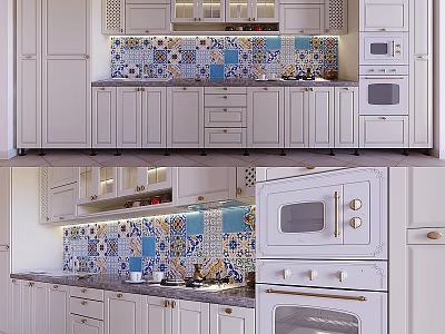 Stylish White Kitchen Cabinets With Colorful Tile Backsplash And Modern Appliances 3d model