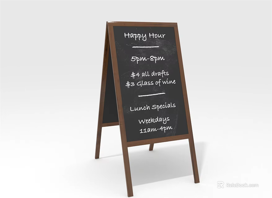 Chalkboard Sign Displaying Happy Hour Lunch Specials 4 Dollar Draft 8 Wine Glasses Times 3d model 