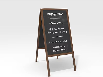 Chalkboard Sign Displaying Happy Hour Lunch Specials 4 Dollar Draft 8 Wine Glasses Times 3d model