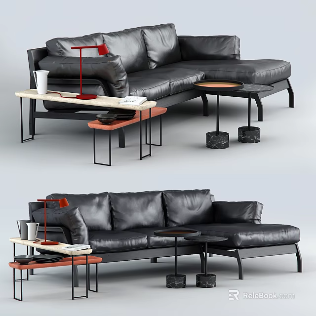 Black Leather Sectional Sofa With Coffee Table And Side Tables 3d model