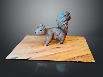 Gray Squirrel Figurine With Unicorn Horn And Fluffy Tail On Wooden Board 3d model