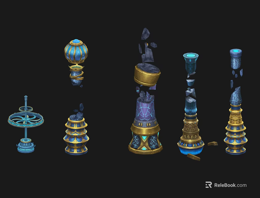 Ornate Blue And Gold Decorative Pillars With Tiered Structures And Spiral Details 3d model 