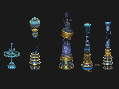 Ornate Blue And Gold Decorative Pillars With Tiered Structures And Spiral Details 3d model