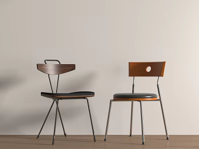 Two Modern Dining Chairs With Wooden Backrests Black Padded Seats And Metal Legs 3d model
