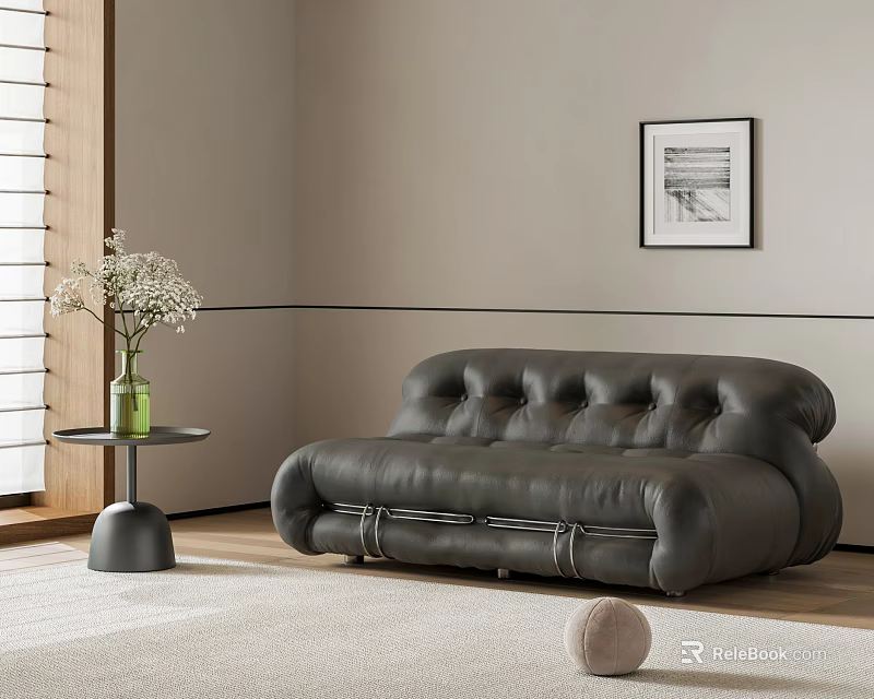 Modern Tufted Leather Two Seater Sofa With Side Table Wall Art And Light Rug 3d model