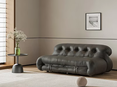 Modern Tufted Leather Two Seater Sofa With Side Table Wall Art And Light Rug 3d model