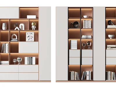 Modern Bookshelf With Layered Shelves Built in Lighting Decorative Items And Books 3d model