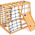 Outdoor Kids Wooden Playground Equipment With Climbing Net Ladder And Slide With Colorful Dots
