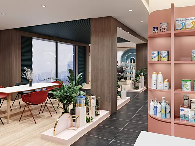 Modern Specialty Store Interior Featuring Pink Shelves Various Products Wooden Walls Large Windows and Plants 3d model