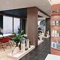 Modern Specialty Store Interior Featuring Pink Shelves Various Products Wooden Walls Large Windows and Plants